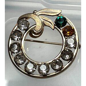 Vintage Signed Van Dell 12K Gold Filled Rhinestone Wreath Brooch | Mid-Century F